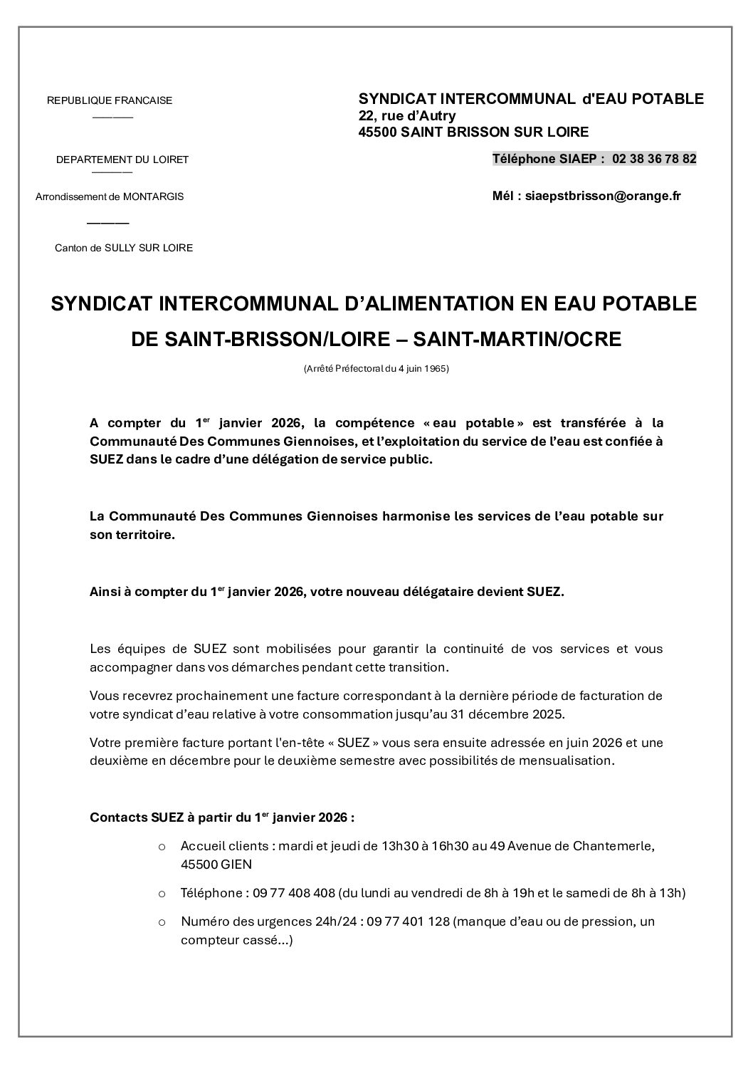 transfert eau potable - affichage mairies